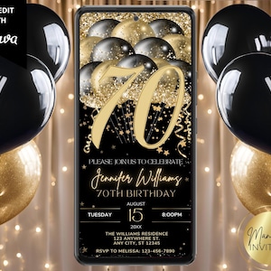 Digital 70th Birthday Black Gold Balloons Party Invitation, For Him Her, Electronic Phone Evite, Editable Canva Template, Instant Download
