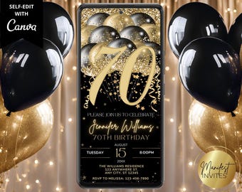 Digital 70th Birthday Party Invitation, Glam Black Gold Glitter Balloons, 70th Birthday Dinner, Editable Canva Template, Instant Download