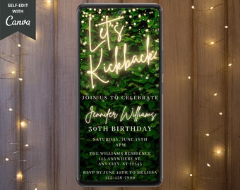 Digital permite invitación a la fiesta de cumpleaños Kickback, texto de teléfono electrónico Evite, patio trasero, hoguera, barbacoa, plantilla editable, descarga instantánea