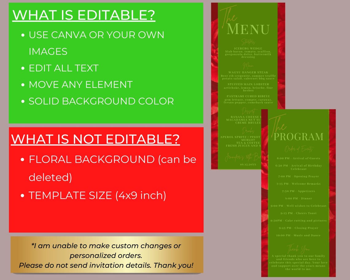 Editable Elegant Red Floral Roses Menu Program and Thank You Note Card ...