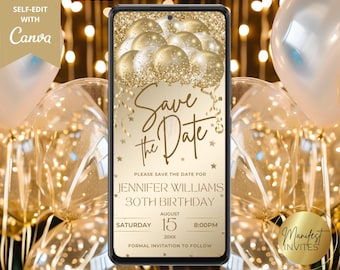 Digital Elegant White Gold Balloons Save the Date Birthday Party Invitation, Phone Text Evite, Editable Template, Instant Download, WGB9