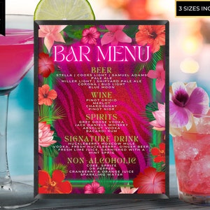 Modèle de menu modifiable de bar floral rose tropical, signe de cocktail de boisson signature imprimable, signe de table, piscine Luau, téléchargement immédiat, TPG4
