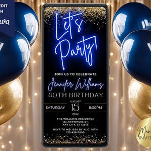 Digital Let&#39;s Party Blue Neon Gold Glitter Glam Birthday Party Invitation, Phone Text Evite, Editable Canva Template, Instant Download