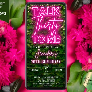 Digital 30th Talk Thirty To Me Birthday Pink Neon Greenery Party Invitation, Electronic Phone Evite, Editable Template, Instant Download