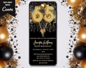 Digital 65th Birthday Party Invitation, Electronic Birthday Invite, Black Gold Balloons, Text Evite, Editable Template, Instant Download