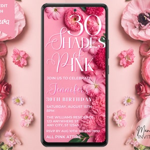 Digital Shades of Pink Birthday Pink Floral Party Invitation, Any Age, Electronic Phone Text Evite, Editable Template, Instant Download