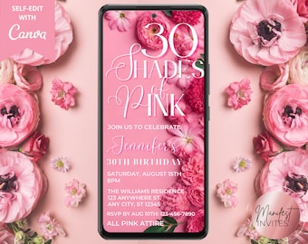 Digital Shades of Pink Birthday Pink Floral Party Invitation, Any Age, Electronic Phone Text Evite, Editable Template, Instant Download