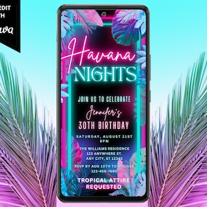 Digital Tropical Havana Nights Birthday Party Invitation, Electronic Phone Text Email Evite, Pink Teal Neon, Instant Download Template PTT2
