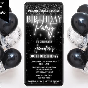 Digital Black Silver Birthday Party Invitation, Electronic Phone Text Message Evite, Black Silver Drip, Editable Template, Instant Download