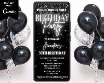 Digital Black Silver Birthday Party Invitation, Electronic Phone Text Message Evite, Black Silver Drip, Editable Template, Instant Download