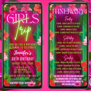 Digital Tropical Pink Girls Trip Birthday Getaway Weekend Itinerary Invite, 3 Day, Electronic, Editable Template, Instant Download, TPG4