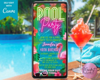 Könnte beinhalten: Eine digitale Einladung auf einem Smartphone-Bildschirm mit tropischen Hibiskusblüten, Palmenblättern, einem rosa Flamingo und Neontext mit der Aufschrift POOL PARTY, Jennifer's 40th Birthday sowie Veranstaltungsdetails und Sonnenbrille.