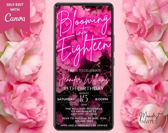 Digital Blooming into Eighteen 18th Birthday Invitation, Glam Pink Neon Floral Milestone Party, Phone Evite, Editable Canva Template, PF01