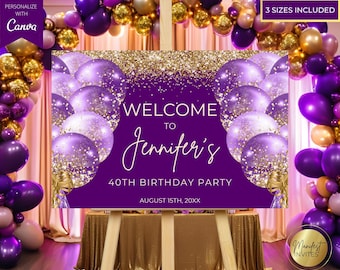 Editable Purple Gold Glitter Balloons Glam Welcome Sign, Printable Birthday Graduation Poster Party Decor, Canva Template, Instant Download