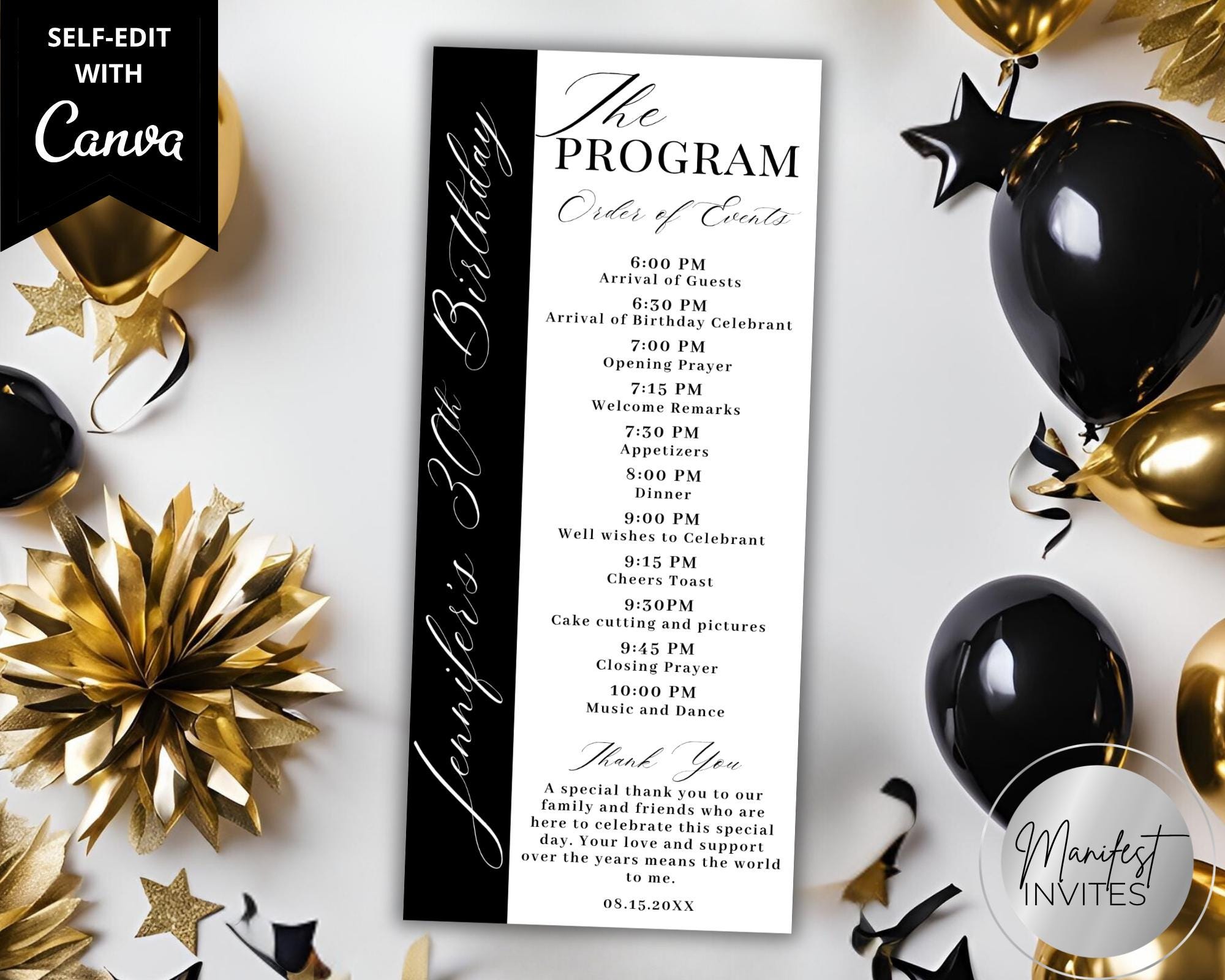 Editable Modern Black and White Event Program Card With Thank You Note ...