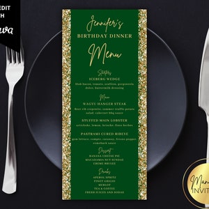 Edytowalna karta menu urodzinowego Green Gold Glitter, drukowana karta menu kolacji i napojów, edytowalny szablon, natychmiastowe pobranie
