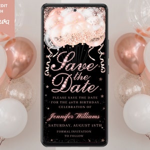 Digital Pink Rose Gold Diamonds Save the Date Birthday Party Invitation, Electronic Phone Evite, Editable Template, Instant Download, RGB3