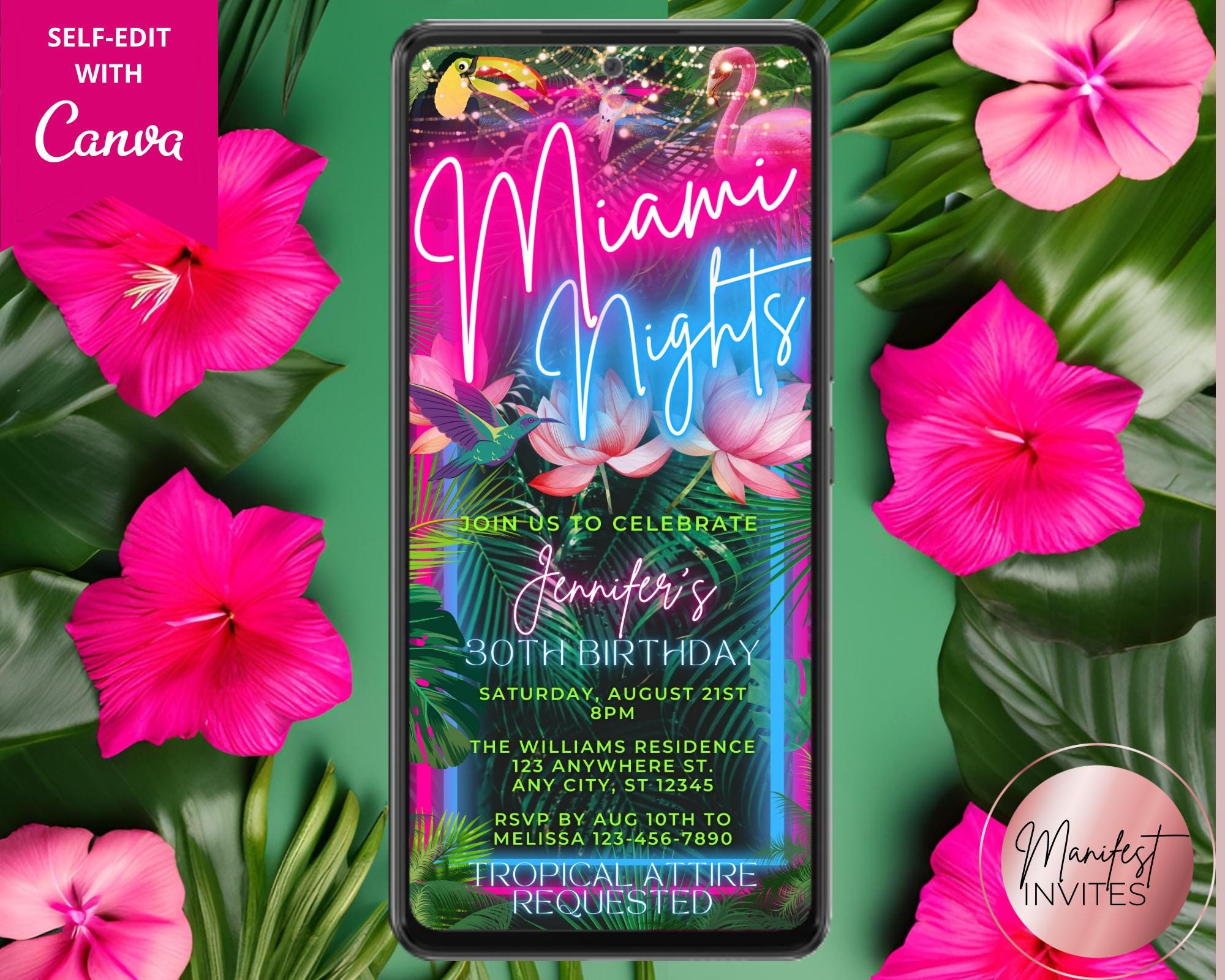 Digital Tropical Miami Nights Summer Birthday Party Invitation, Pink Blue Neon, Jungle, Phone Evite, Editable Template, Instant Download