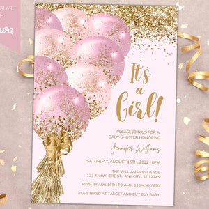 Editable Pink Gold Glitter Balloons Girl Baby Shower Invitation, It's a Girl, Printable Invitation, Editable Template, Instant Download