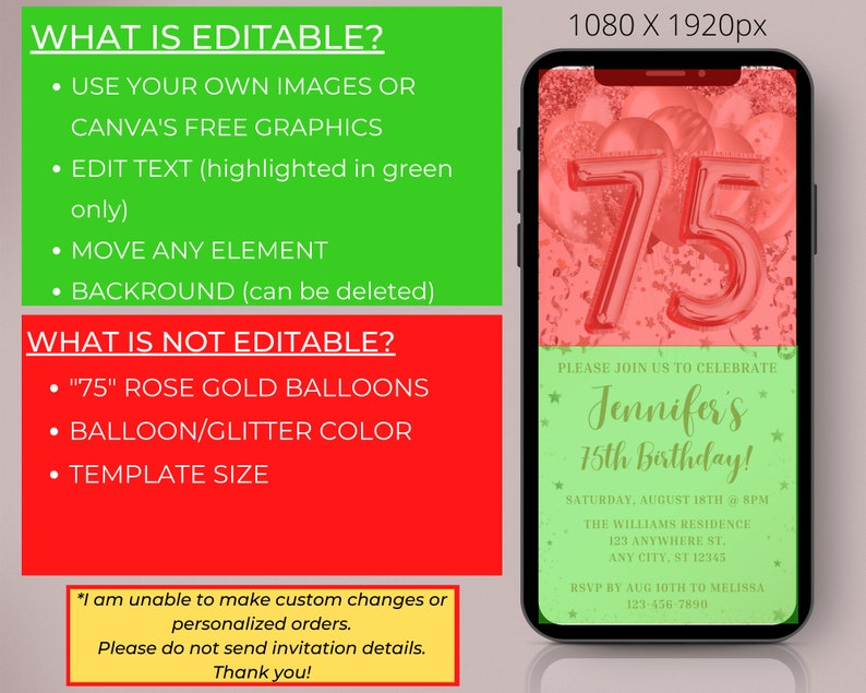 Digital 75th Birthday Pink Rose Gold Balloons Party Invitation ...