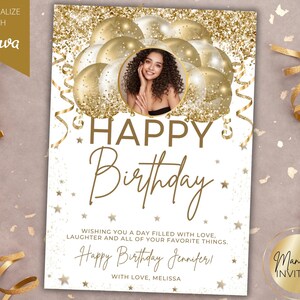 Cartão de Feliz Aniversário com Foto Glamour Editável, Balões de Glitter Dourado Branco, Cartão Personalizado para Imprimir, Modelo Canva, Download Instantâneo