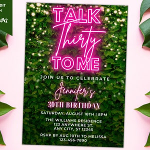 Editable Talk Thirty To Me 30th Birthday Party Invitation, Printable Party Invite, Pink Neon Greenery, Editable Template, Instant Download