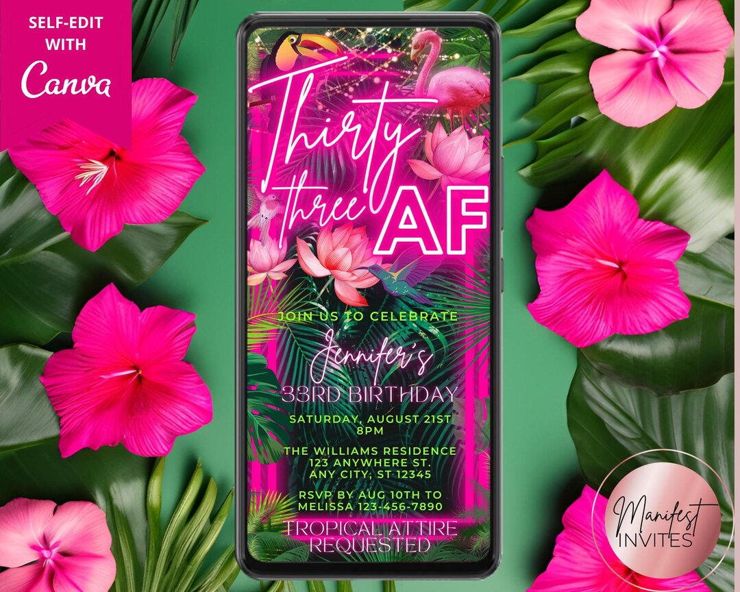 Digital 33 AF 33rd Birthday Tropical Pink Neon Party Invitation, Palm ...