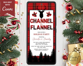 May include: A digital invitation for a holiday party with a red and black plaid background. The invitation reads "Channel the Flannel" and includes details about the party, including the host, date, time, and location.