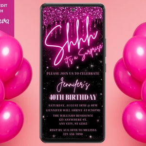 Digital Shhh Surprise Birthday Party Invite, Electronic Phone Text Evite, Neon Pink Glitter Drip, Editable Template, Instant Download, PGD7