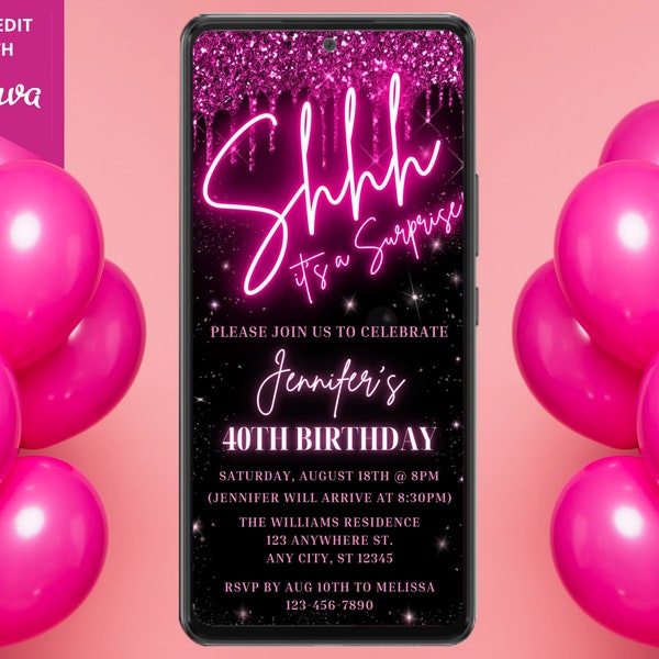 Digital Shhh Surprise Birthday Party Invite, Electronic Phone Text Evite, Neon Pink Glitter Drip, Editable Template, Instant Download, PGD7