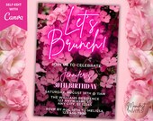 Editable Let's Brunch Neon Pink Floral Birthday Party Printable Invitation, Birthday Graduation, Editable Template, Instant Download, PF01