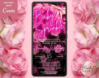 Digital Baby Sprinkle Neon Pink Floral Girl Baby Shower Invitation, Electronic Phone Text Evite, Editable Template, Instant Download, PF01