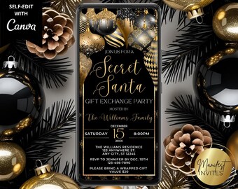 Puede incluir: Una invitación de Secret Santa en negro y dorado en la pantalla de un teléfono inteligente, rodeada de adornos navideños. El texto de la invitación incluye "Secret Santa Gift Exchange Party" y detalles del evento. El logotipo de Canva está en la esquina superior izquierda.