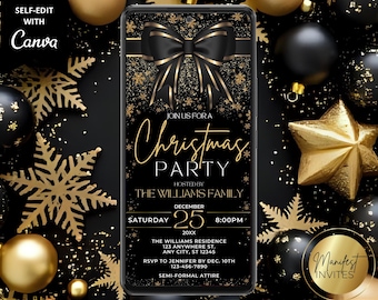 Digitale elegante Weihnachtsfeier-Einladung, formelle schwarze Krawatte-Urlaubsparty, schwarze Goldschleife, Telefon Evite, bearbeitbare Vorlage, Sofort-Download