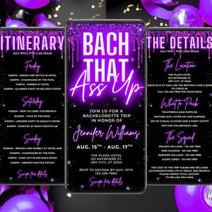 Digital Bach That Ass Up Bachelorette Party Trip Invitation, 3 Day Itinerary, Neon Purple Glitter Drip, Phone Text Evite, Editable Template
