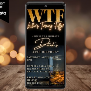 Digitales Herren WTF Wer wird fünfzig 50. Geburtstag Party Einladung, elektronischer Telefontext Evite, bearbeitbare Vorlage, Sofort Download, WM42