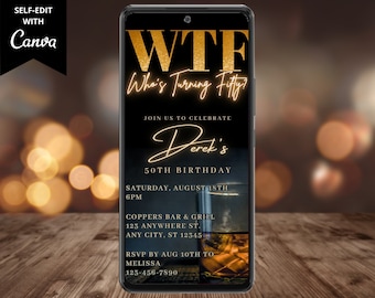 Digitales Herren WTF Wer wird fünfzig 50. Geburtstag Party Einladung, elektronischer Telefontext Evite, bearbeitbare Vorlage, Sofort Download, WM42