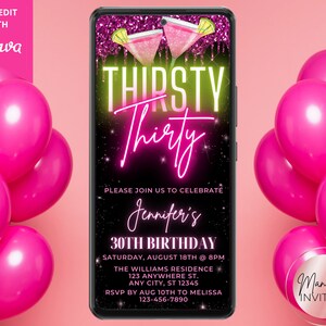 Digital Thirsty Thirty 30th Birthday Party Invitation, Electronic Phone Evite, Pink Glitter Drip, Editable Template, Instant Download, PGD7