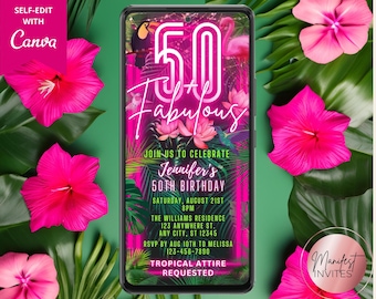 Digital 50 and Fabulous 50th Birthday Tropical Pink Neon Party Invitation, Summer BBQ Luau Evite, Editable Canva Template, Instant Download