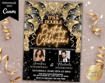 Editable Joint Double Birthday Party Black Gold Glam Balloons Photo Invitation, 2 Person Birthday, Printable Card Template, Instant Download