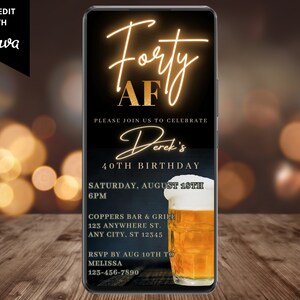 Digitale 40-jährige Bier-Geburtstags-Party-Einladung für Männer, elektronische Handy-Text-E-Mail-Evite, bearbeitbare Vorlage, sofortiger Download