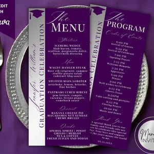 May include: A set of graduation menu and program cards. The menu includes starters, main courses, desserts, and drinks. The program details the order of events. The design is purple and silver with a graduation cap graphic.