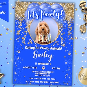 Faire-part photo modifiable Let's Pawty Boy Dog fête d'anniversaire glam, ballons bleus or, fête de chiot, carte imprimable, téléchargement immédiat