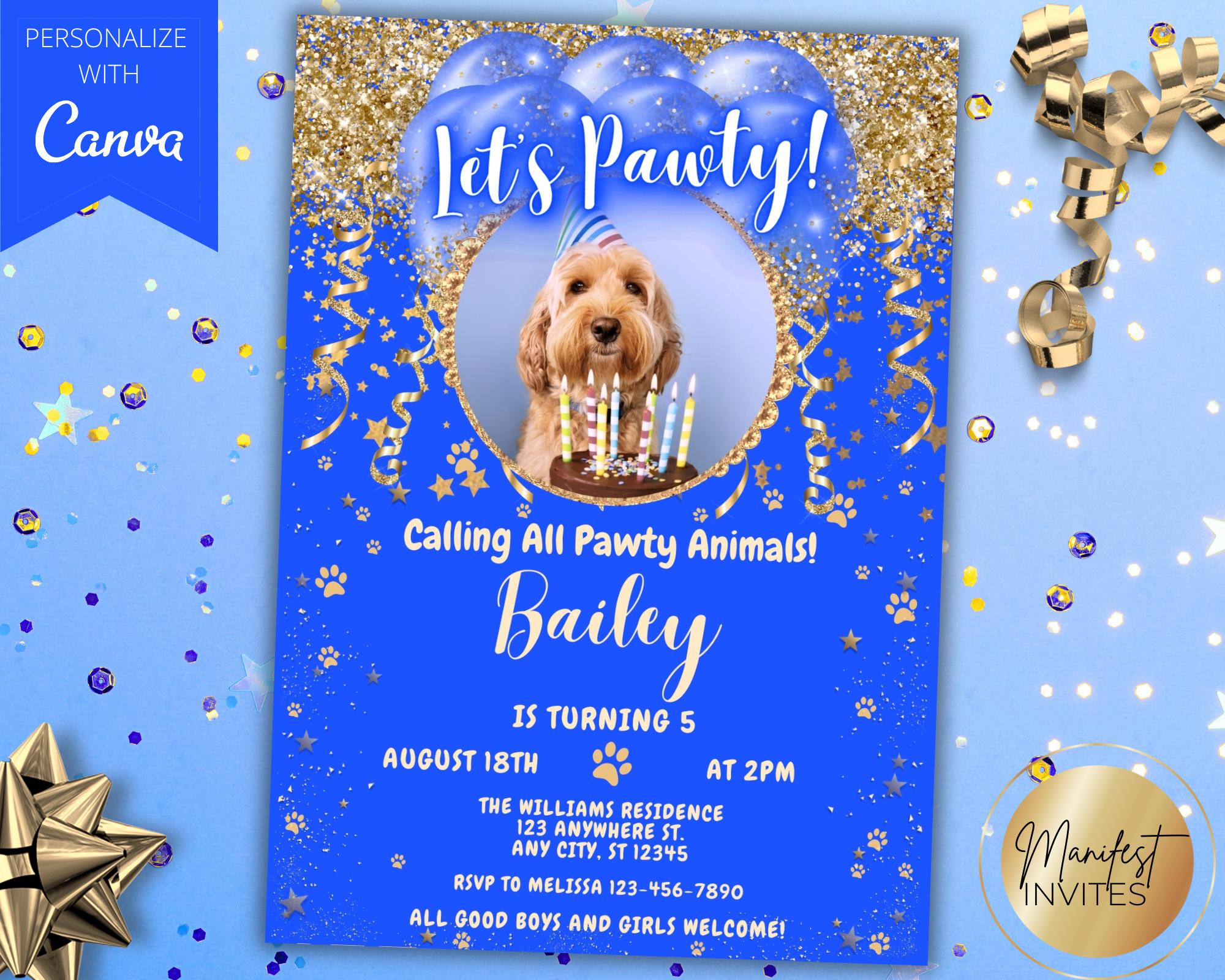 Editable Let's Pawty Boy Dog Birthday Party Glam Photo Invitation, Blue ...