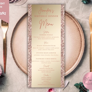 Editable Pink Rose Gold Glitter Birthday Dinner Menu Card, Printable Dinner Party and Drink Menu Card, Editable Template, Instant Download