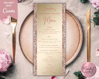 Carte de menu modifiable pour le dîner d'anniversaire avec paillettes d'or rose, carte de menu imprimable pour dîner et boisson, modèle modifiable, téléchargement immédiat
