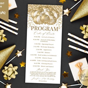 Pode incluir: Um programa de eventos dourado e branco com um gráfico de balões, texto e um laço dourado. O programa lista a ordem dos eventos, incluindo a chegada dos convidados, a oração de abertura e o corte do bolo. O texto diz "Manifest Invites".