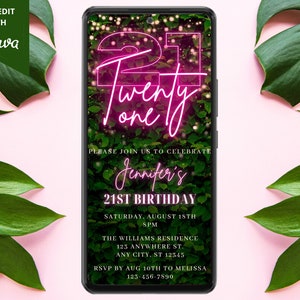 Digital Twenty One 21st Birthday Party Invitation, Electronic Text Email Evite, Pink Neon Greenery, Editable Template, Instant Download