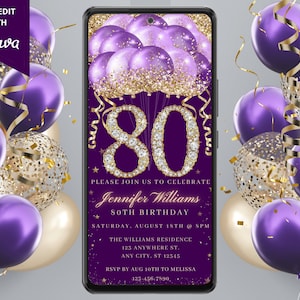 Digital 80er Geburtstag Party Lila Gold Diamant Glitter Ballon-Einladung, elektronischer Telefontext Evite, bearbeitbare Vorlage, sofortiger Download