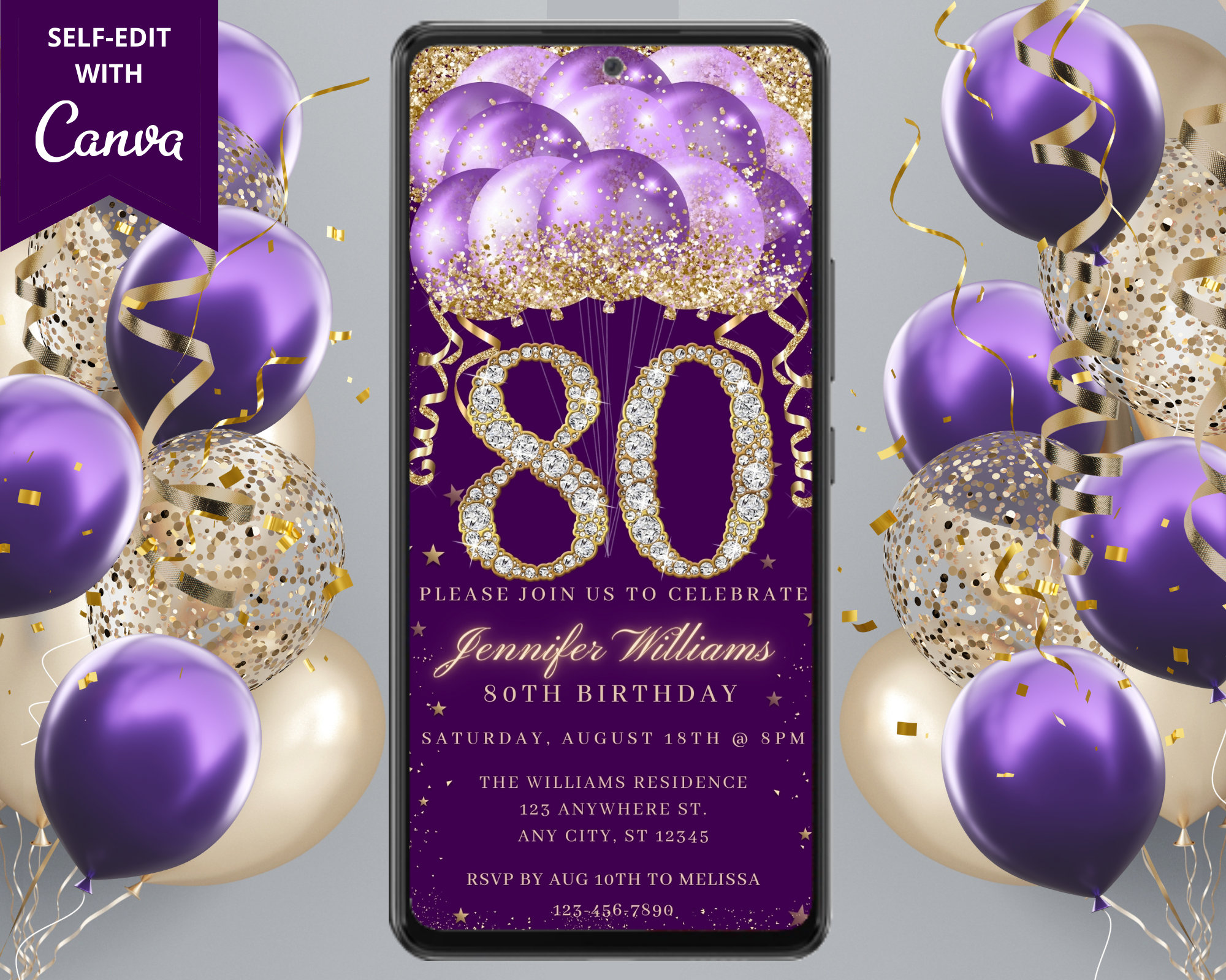 Digital 80th Birthday Party Purple Gold Diamond Glitter Balloon Invitation, Electronic Phone Text Evite, Editable Template, Instant Download